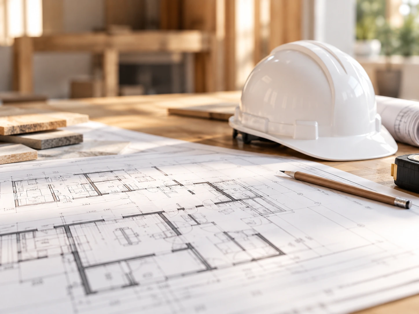 Service illustration of architectural plans and a hard hat