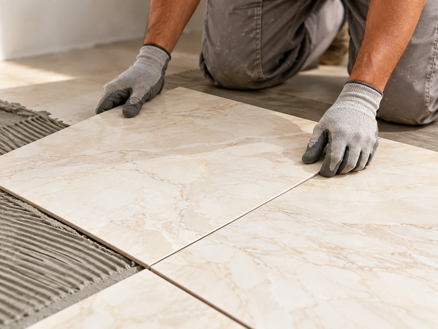 Service illustration of a professional laying floor tiles