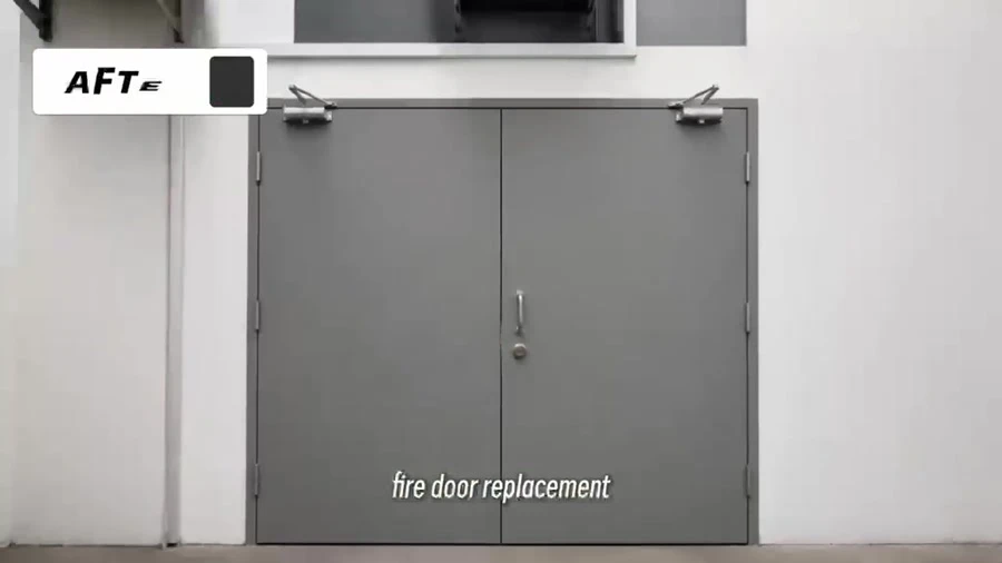 Replacement fire doors shown in the maintenance video
